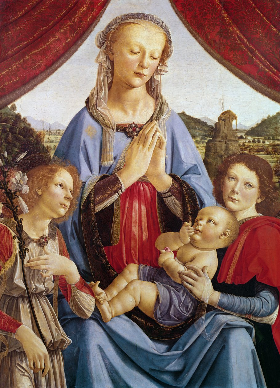 2人の天使の聖母子、c.1470（木の卵のテンペラ） 作： アンドレア・デル・ヴェロッキオ