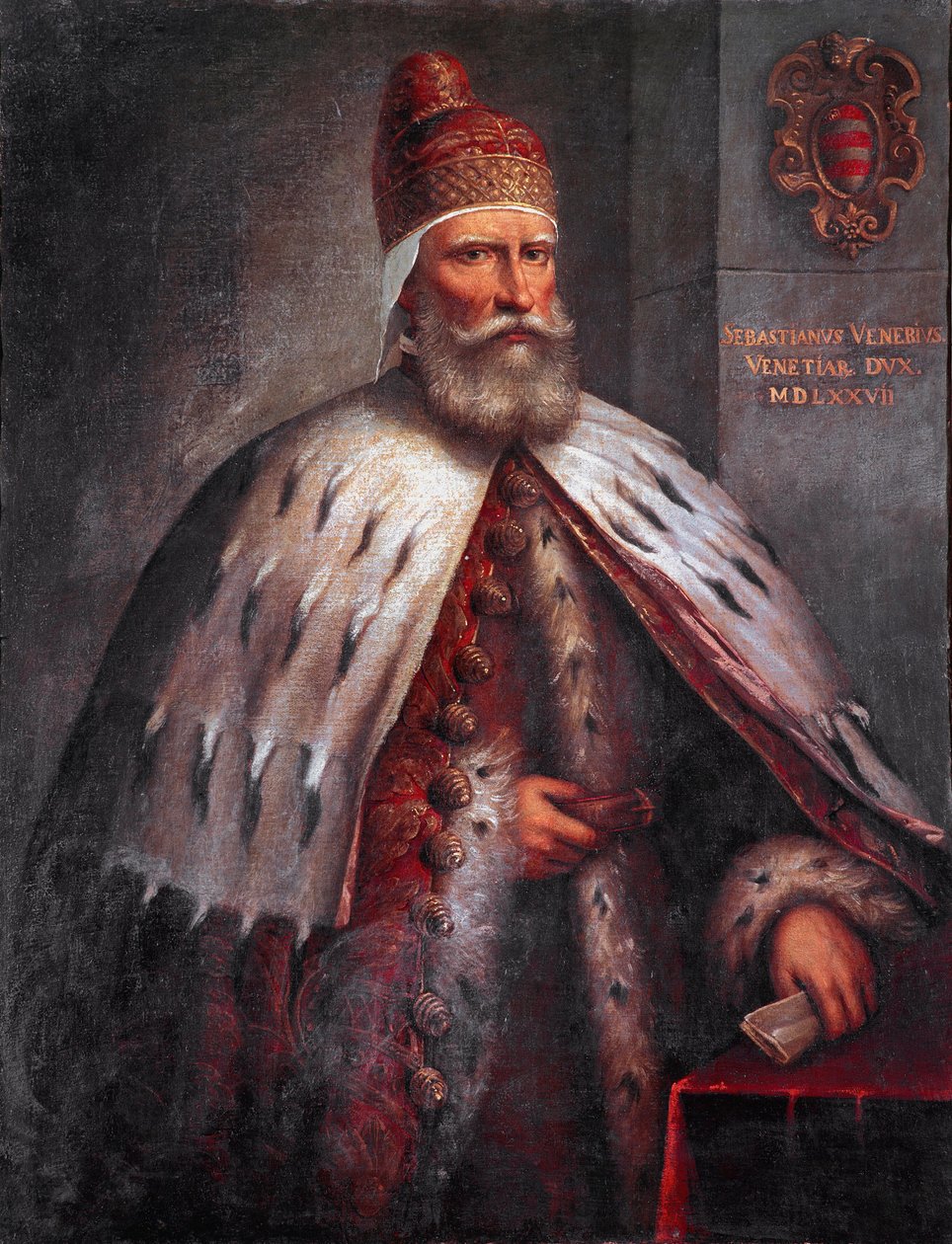 Porträt von Doge Sebastiano Venier (1496-1578), Condottiere. Er führte die venezianische Flotte mit Francesco Duodo während der Schlacht von Lepanto 1571. Gemälde von Andrea de