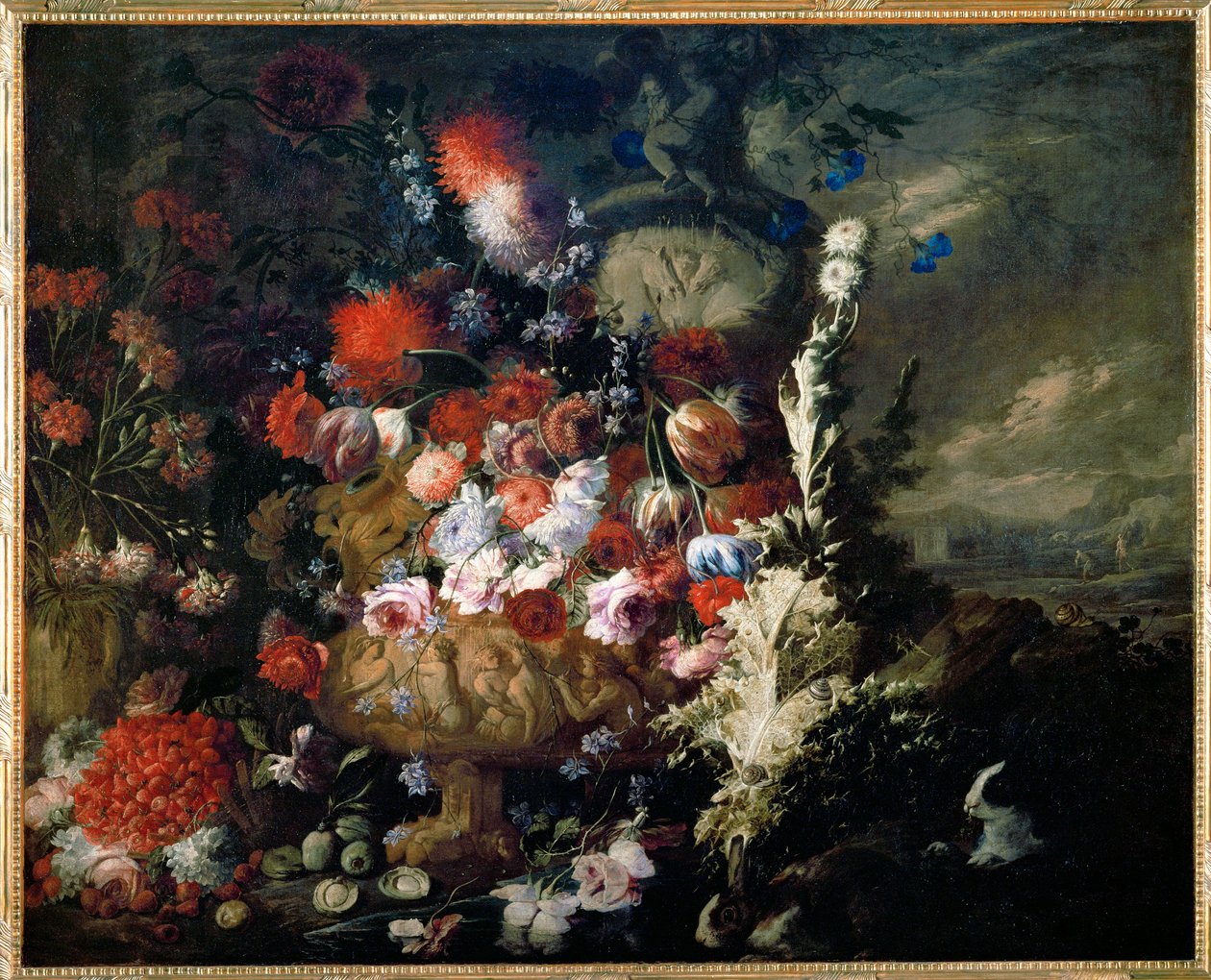 花と果実の花瓶 - 花と果実の花瓶 - Vase de fleurs et fruits dans un paysage ... 作： アンドレア・ベルヴェデーレ