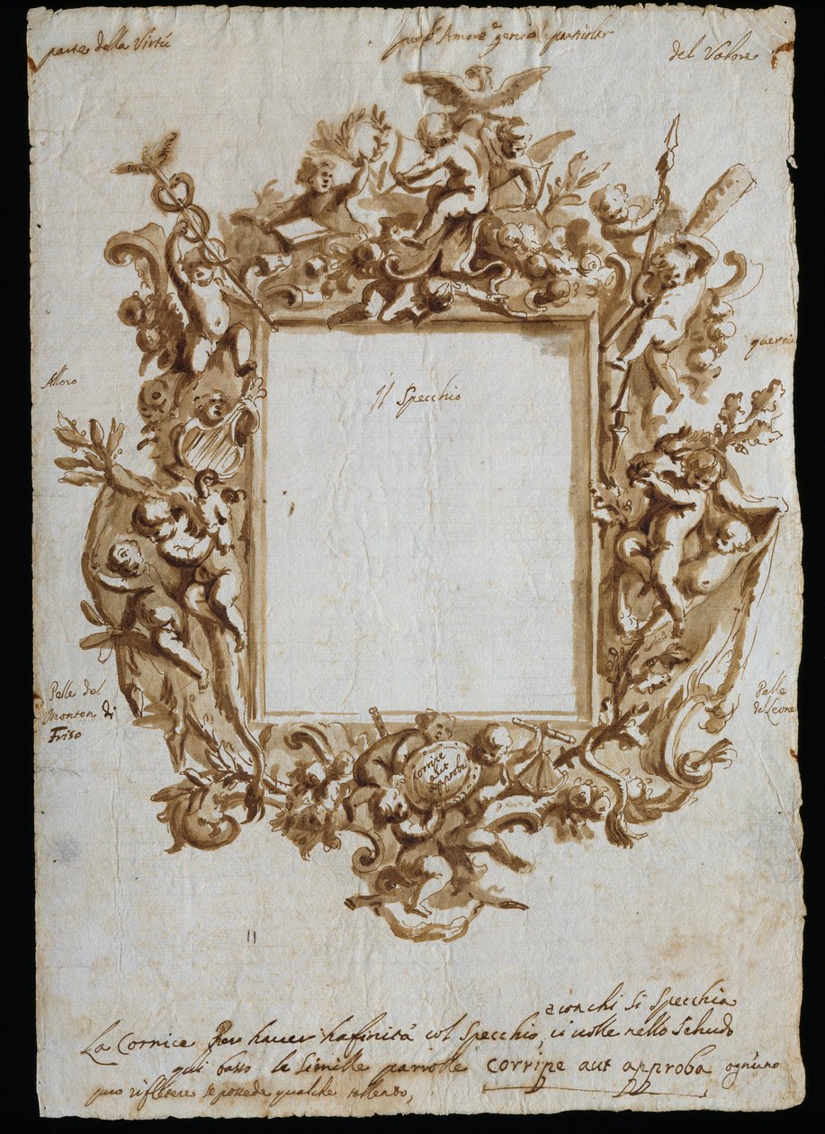 アレゴリーフレームの直交図 1700年頃 Andrea Brustolon（1662-1732）作 白い紙に水彩ペン イタリア 作： アンドレア・ブリストロン