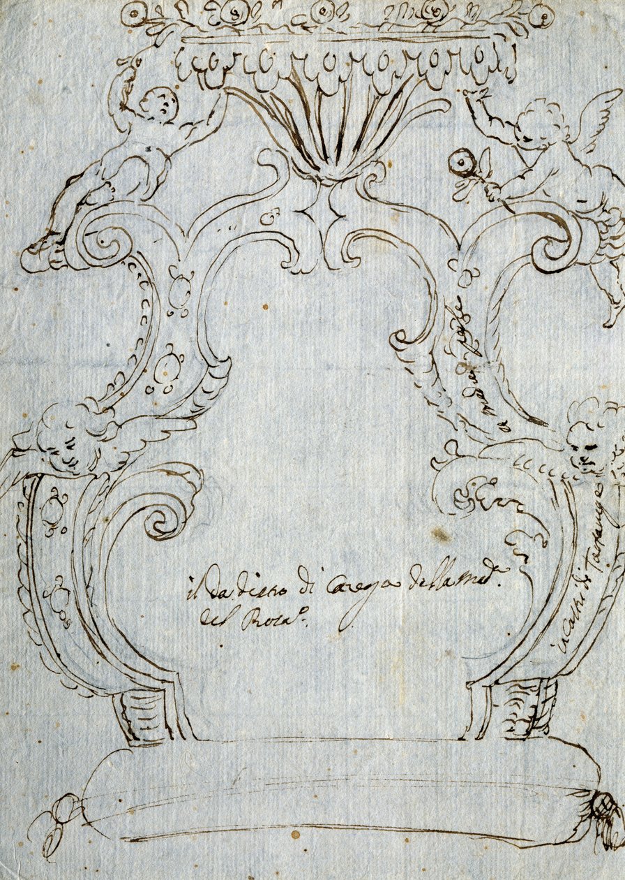椅子の背もたれのスケッチ、約1715年、アンドレア・ブリストロン（1662-1732）作、白紙に鉛筆とペン、イタリア 作： アンドレア・ブリストロン