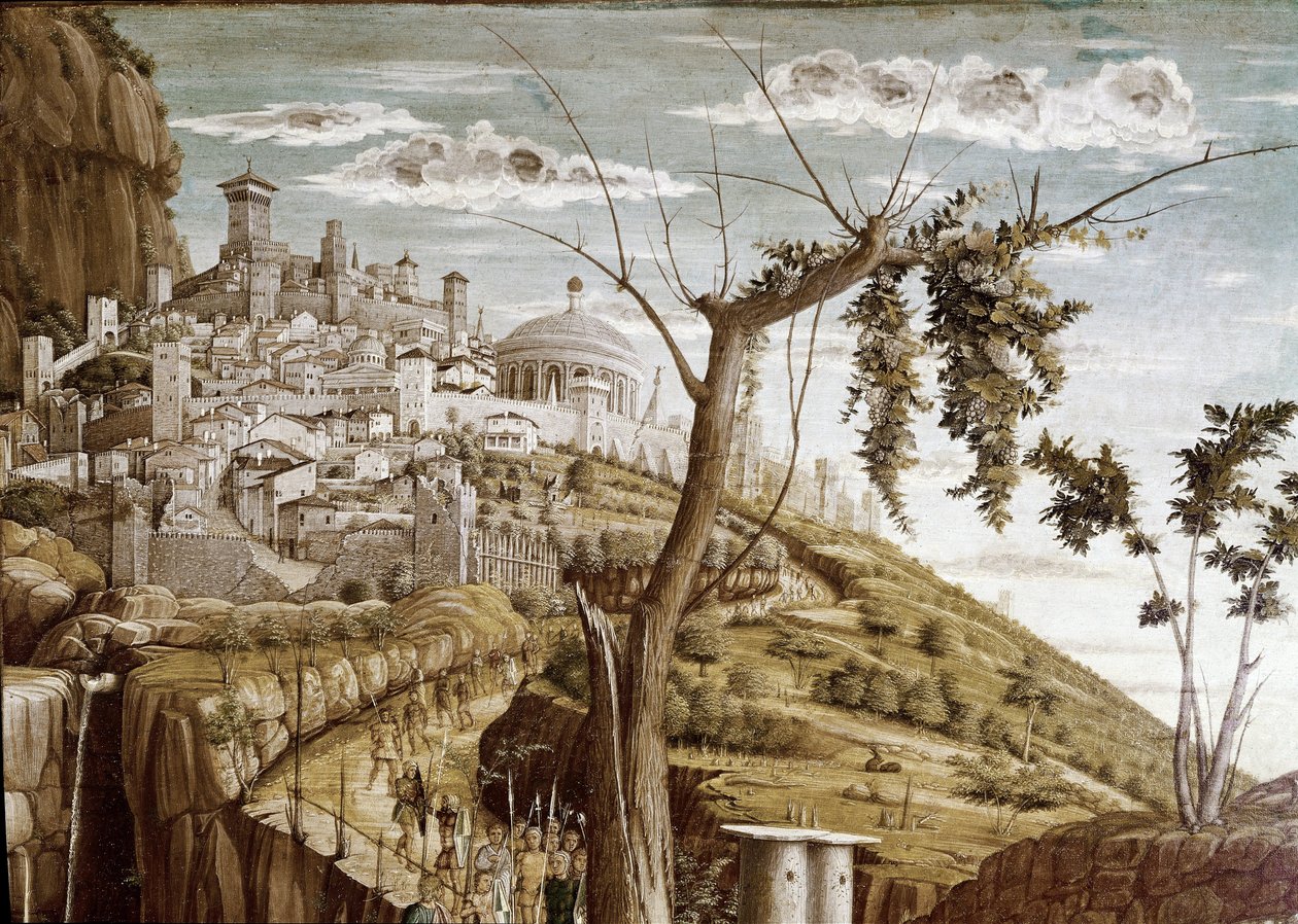 オリーブの木の庭で祈るキリスト、プレデッラの左側、サンゼーノの祭壇画（木のテンペラ、1457-1460年頃） 作： アンドレア・マンテーニャ
