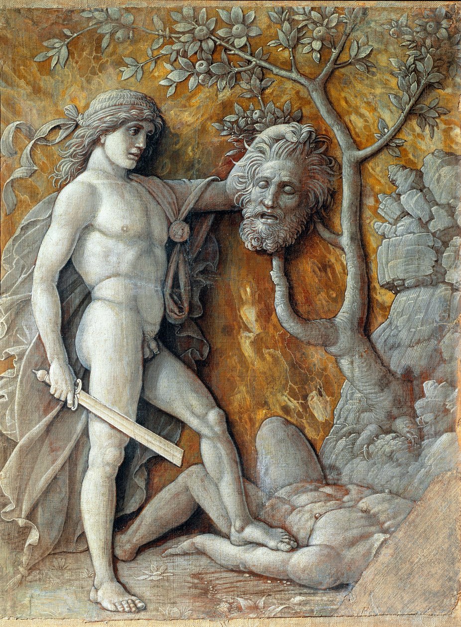 ダビデがゴリアテの首を持つ絵 アンドレア・マンテーニャ（1431-1506）作 1490 Sun.36x48.5 cm ウィーン、美術史博物館 作： アンドレア・マンテーニャ