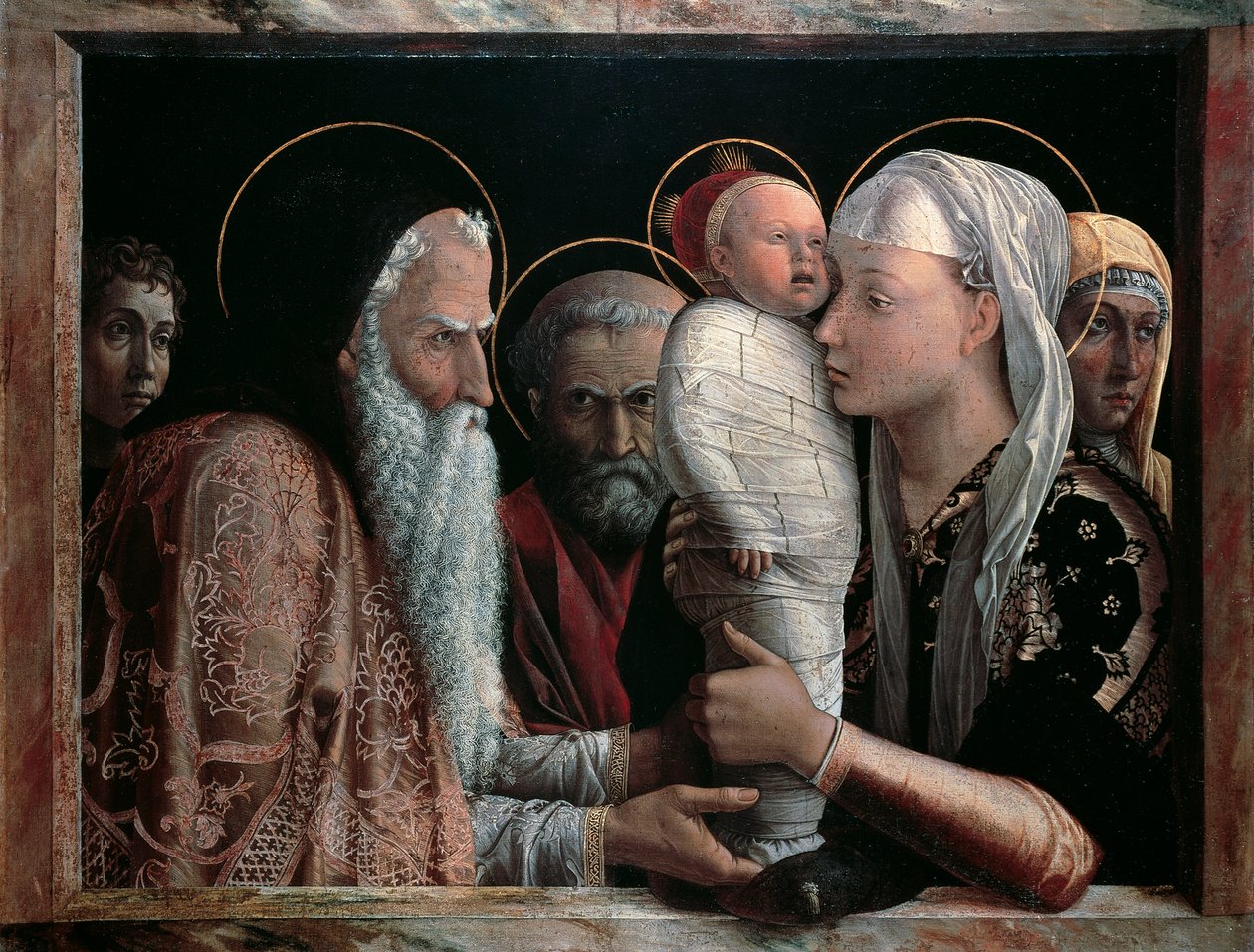アンドレア・マンテーニャ（1431-1506）の「神殿でのプレゼンテーション」、テンペラ、キャンバス、67x86cm 作： アンドレア・マンテーニャ