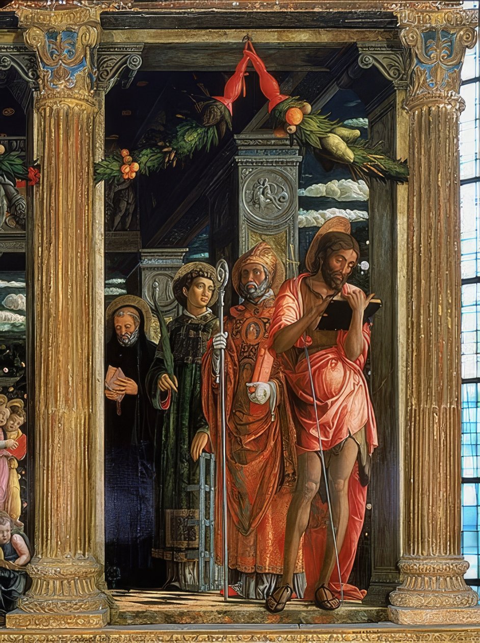 サンゼノ祭壇。右側。 1457-1460。詳細は、洗礼者ヨハネ、ローマのローレンティウス、カバのアウグスティヌス、およびヌルシアのベネディクトを示しています 作： アンドレア・マンテーニャ