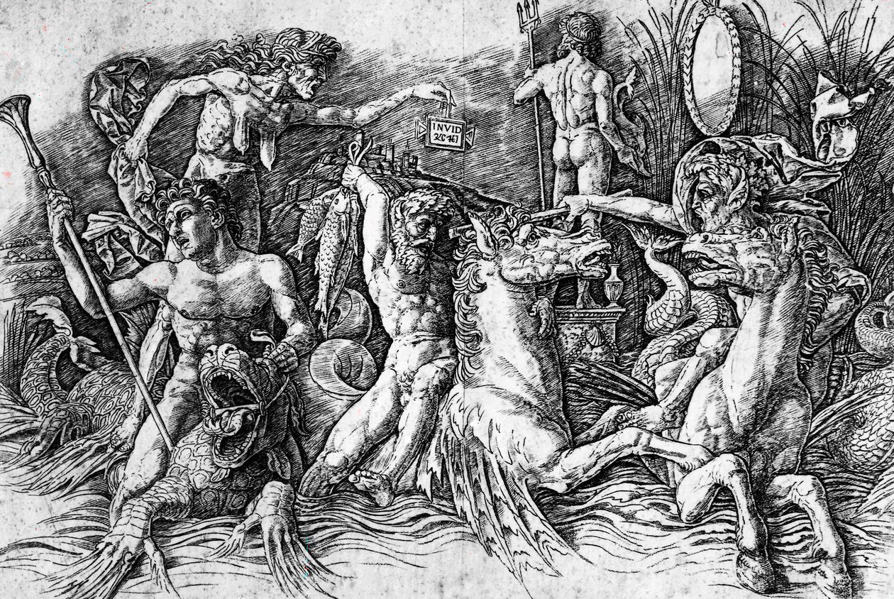 アンドレア・マンテーニャ（1431-1506）の「海の神々の戦い」、エングレーヴィング。詳細 作： アンドレア・マンテーニャ