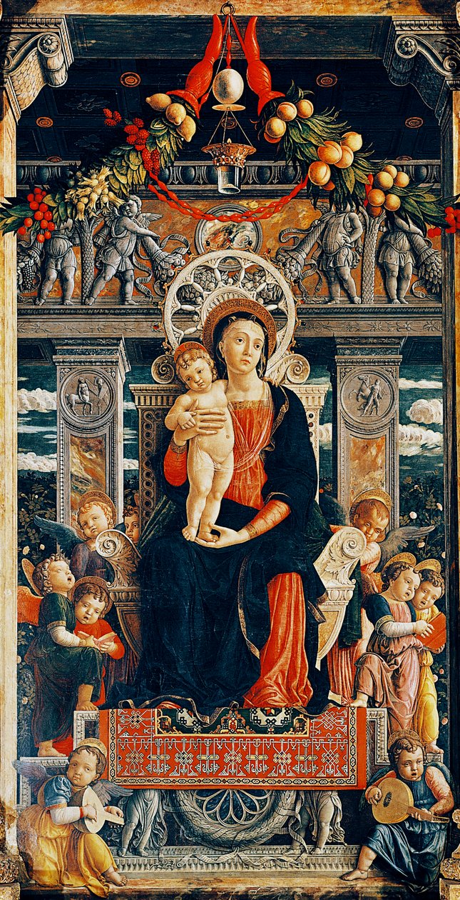アンドレア・マンテーニャ（1431-1506）作「サン・ゼーノの祭壇画」の中央部分からのディテール「戴冠した聖母」、木材、220x115cm、ヴェローナのサン・ゼーノ大聖堂 作： アンドレア・マンテーニャ