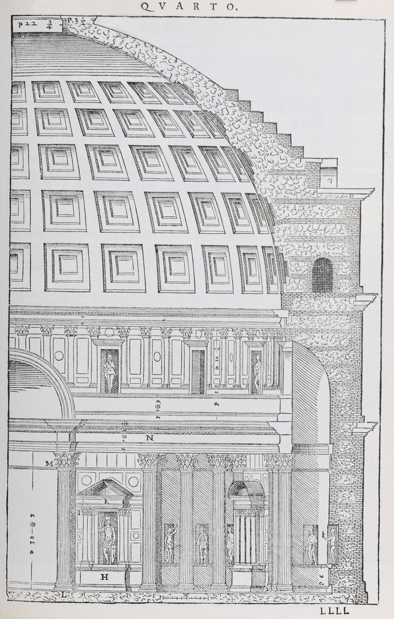 パンデオンの断面図、最初に1570年に出版された、Palladioによって書かれた「I Quattro Libri dell&39;Architettura」のファクシミリコピーからの図 作： アンドレア・パラディオ
