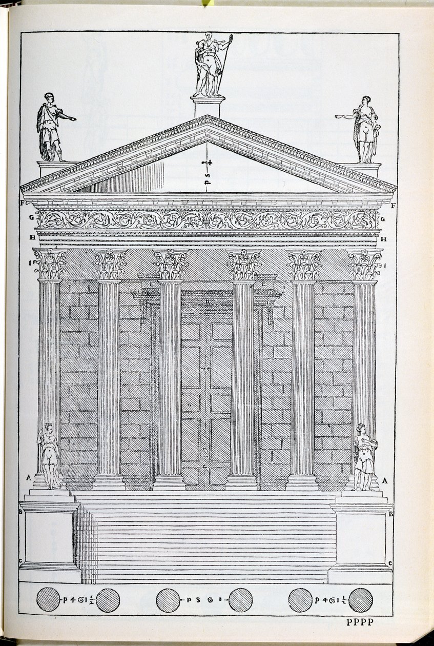 ニーム神殿の標高、パラディオが1570年に出版した「I Quattro Libri dell&39;Architettura」のファクシミリコピーからのイラスト 作： アンドレア・パラディオ