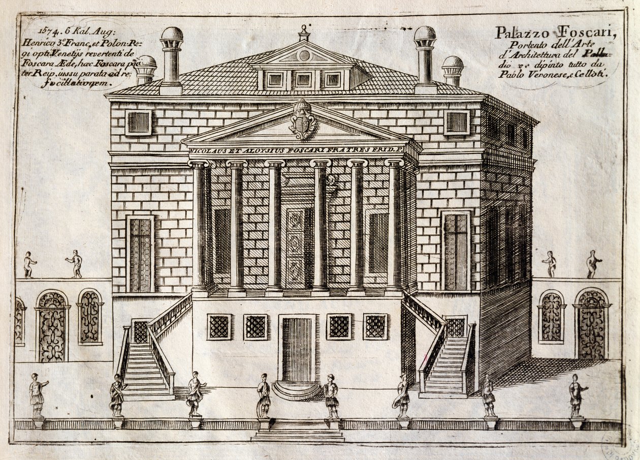 Andrea Palladio (1508-1580)が設計した「La Malcontenta, Mira」として知られるVilla Foscariのメインファサード、Vincenzo Coronelli (1650-1718)の「Along Brenta Canal, almost borough of the city of Venice」からの抜粋、Venice 作： アンドレア・パラディオ