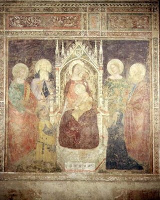 聖母子とSS.洗礼者ヨハネ、ニコラ、エリヤ（フレスコ画） 作： アンドレア・ダ・フィレンツェ（fl。13881459）