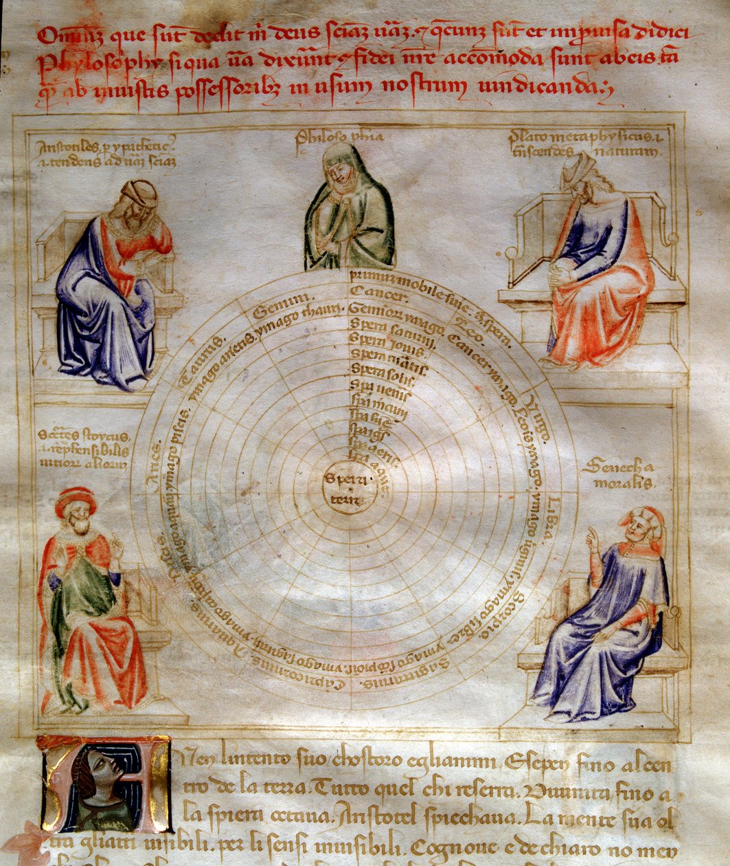 バルトロメオ・ディ・バルトリの「Chansonne des sept Vertus et des sept Arts liberales destinee a Bruzio Visconti」（La Canzone delle Virtu e delle Scienze）における哲学のアレゴリー。アンドレア・ディ・バルトリ（1358年から1368年に活動）の水彩画（ms.599, fol. 作： アンドレア・デ・バルトリ
