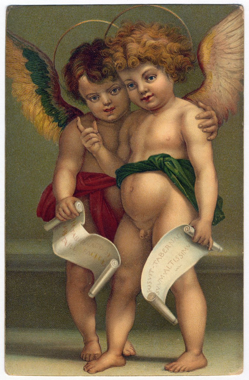 二人の天使。画家アンドレア・デル・サルト（1486-1530）の後の敬虔なイメージ、ドレスデン、1910年頃（クロモリトグラフ 作： アンドレア・デル（後）サルト