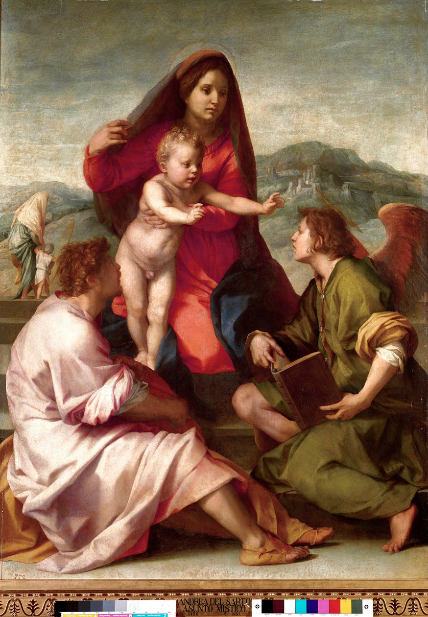 マドンナ・デッラ・スカラ天使のいる聖家族アンドレア・デル・サルト（1486-1531）作画 1522-1523日1,77x1,35 m マドリード、プラド美術館 作： アンドレア・デル・サルト