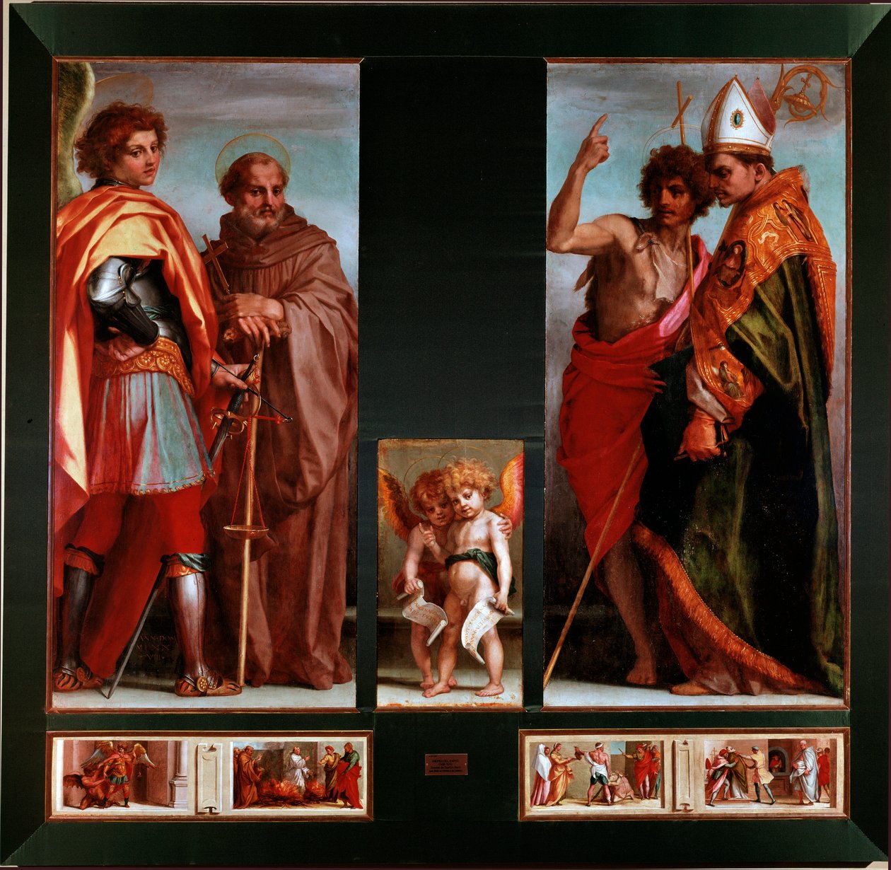 Heilige Michael, Johannes Gualbert, Johannes der Täufer, Bernardo degli Uberti. Predella der vier Heiligen. Gemälde von Andrea del Sarto (Andrea d