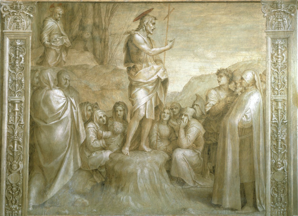アンドレア・デル・サルト（1486-1530）の「聖ヨハネの物語」、フレスコ画、詳細、フィレンツェ、スカルツォの回廊 作： アンドレア・デル・サルト