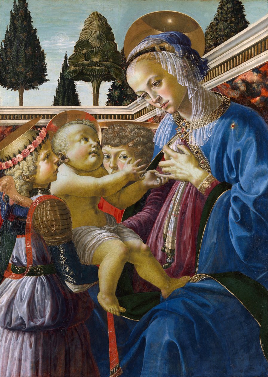 「「聖母子と二人の天使」アンドレア・デル・ヴェロッキオ作（1437-1488）1467-1469 ロンドン・ナショナル・ギャラリー 作： アンドレア・デル・ヴェロッキオ