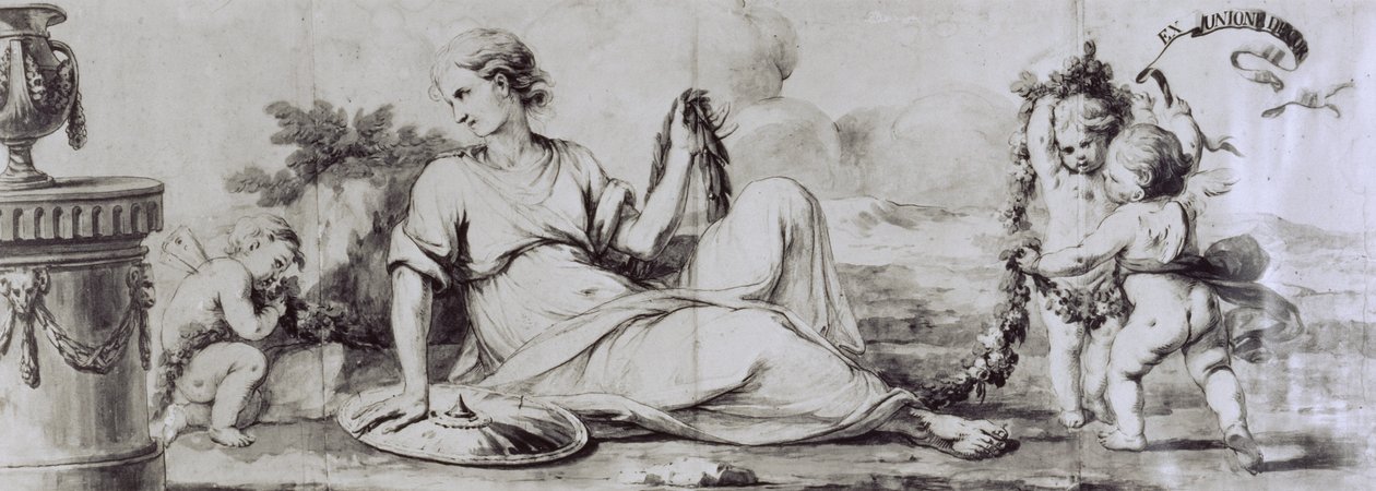プッティを抱く女性像、アレゴリー的構成、1754年頃、アンドレア・アッピアーニ（1754-1817）によるチェストのデザイン、ジュゼッペ・マッジョリーニによるビューロー、イタリア 作： アンドレア・ザ・エルダー・アッピアーニ