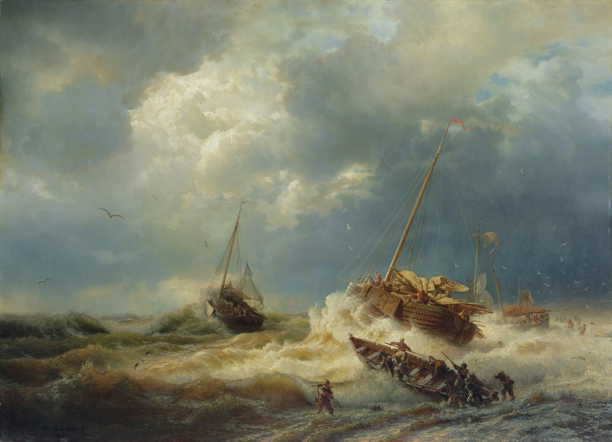 1854年、オランダの海岸の嵐の中の船 作： アンドレアス・アーヘンバッハ