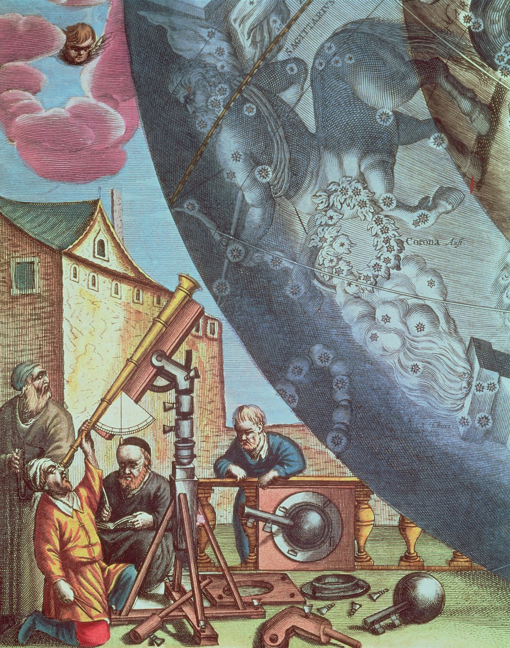 望遠鏡を通して見る天文学者、「The Celestial Atlas、またはThe Harmony of the Universe」（Atlas coelestis seu Harmonica macrocosmica）パブからの星座の地図の詳細。ジョアンズ 作： アンドリュー・セラリウス