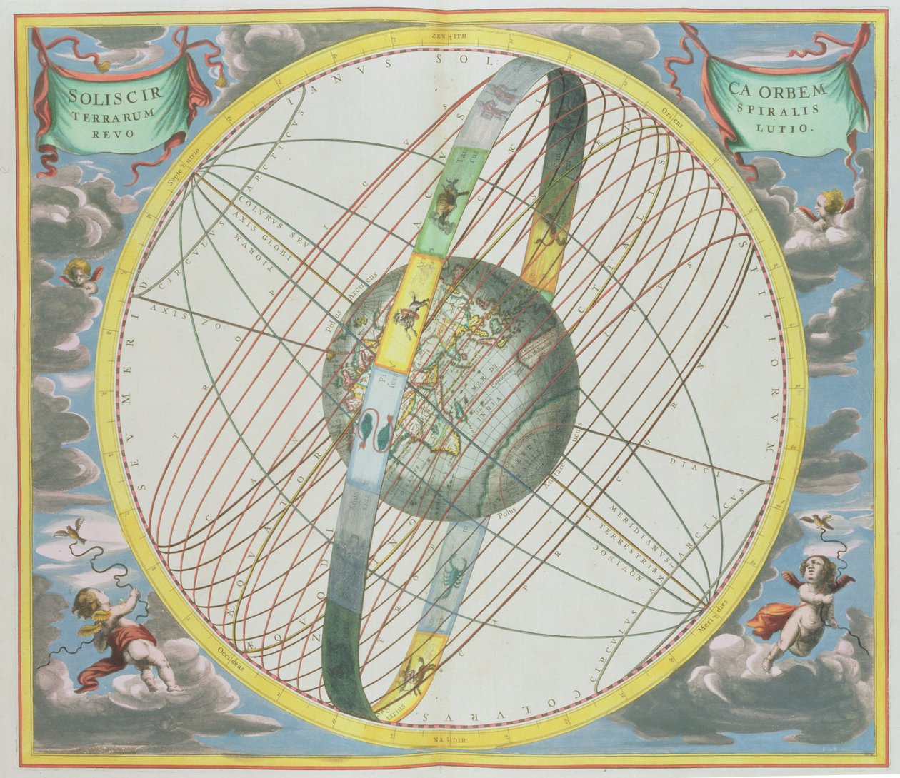 「A Celestial Atlas、またはThe Harmony of the Universe」（Atlas coelestis seu harmonia macrocosmica）pubからの地球の周りの月の軌道を描いた地図。ジョアン・ヤンソニウス、アムステルダム、1660-61 作： アンドリュー・セラリウス