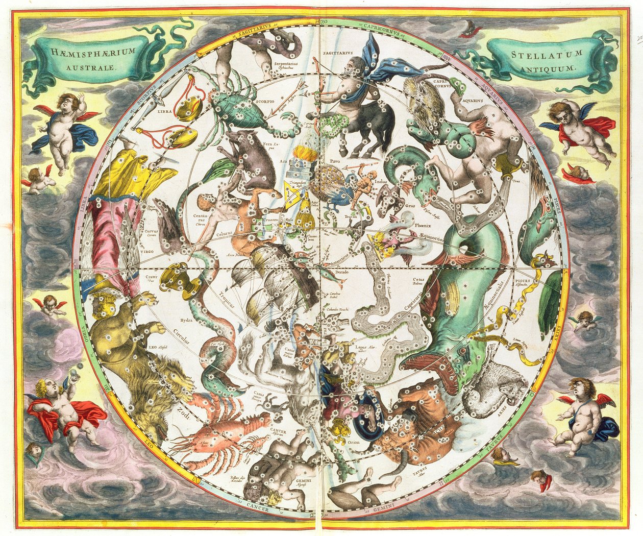 南半球の地図。「天体アトラス、または宇宙の調和」（Atlas coelestis seu harmonia macrocosmica）パブから。 Joannes Janssonius、アムステルダム、1660-61（手塗りのeng） 作： アンドリュー・セラリウス