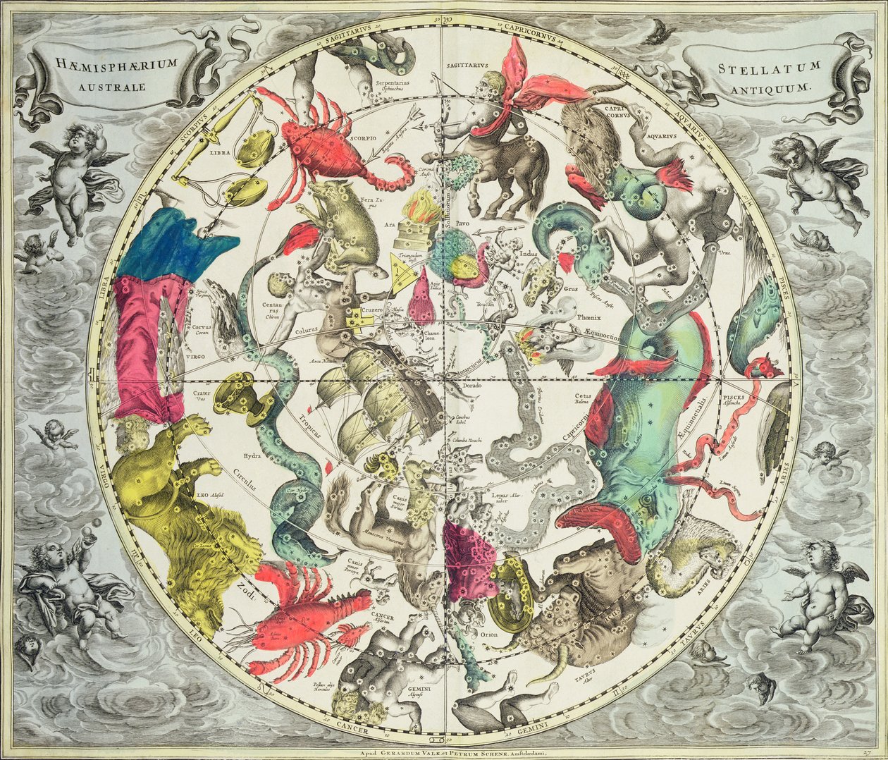 南半球の地図。「天体アトラス、または宇宙の調和」（Atlas coelestis seu harmonia macrocosmica）パブから。 Joannes Janssonius、アムステルダム、1660-61（手塗りのeng） 作： アンドリュー・セラリウス