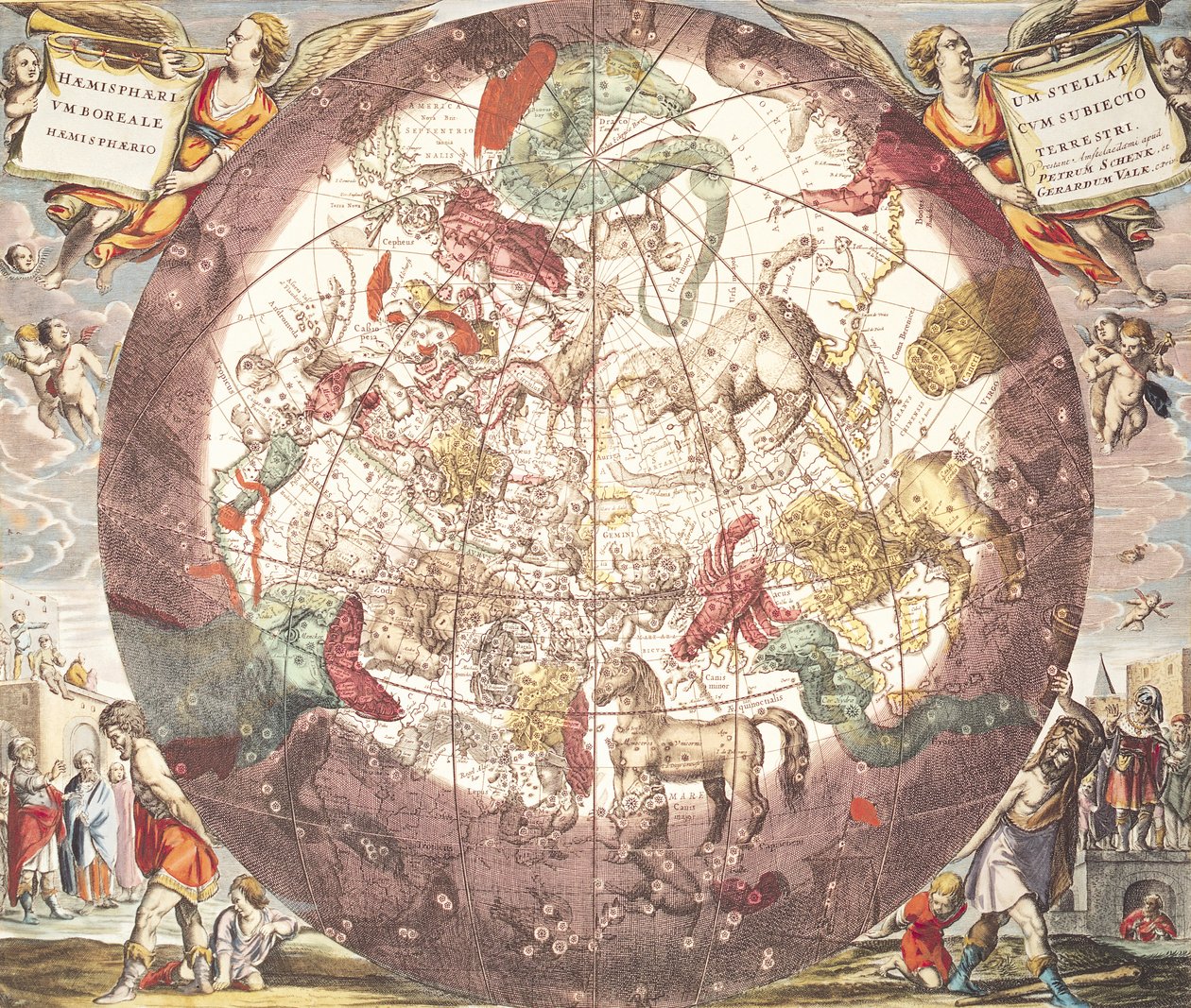 ピーターシェンク（1660-1719）とジェラールヴァルク（1651-1726）によって彫刻された「天体地図、または宇宙の調和」からの北半球（北半球）半球（手塗りの彫刻） 作： アンドリュー・セラリウス