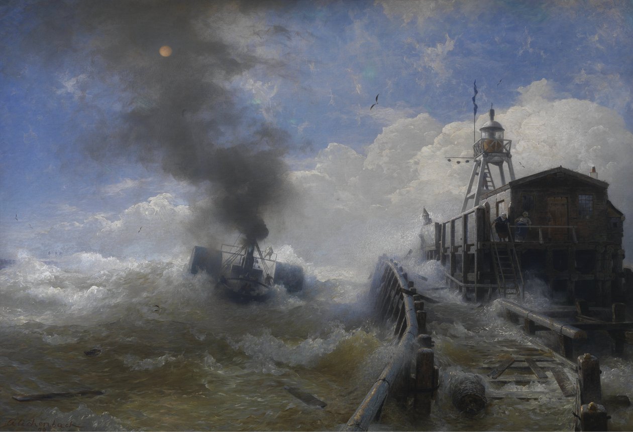 ドイツ語：Ein Schlepper verlässt den Hafen von Ostende bei Flut 最盛期にオーステンデ港を離れる曳き船 作： アンドレアス・アーヘンバッハ
