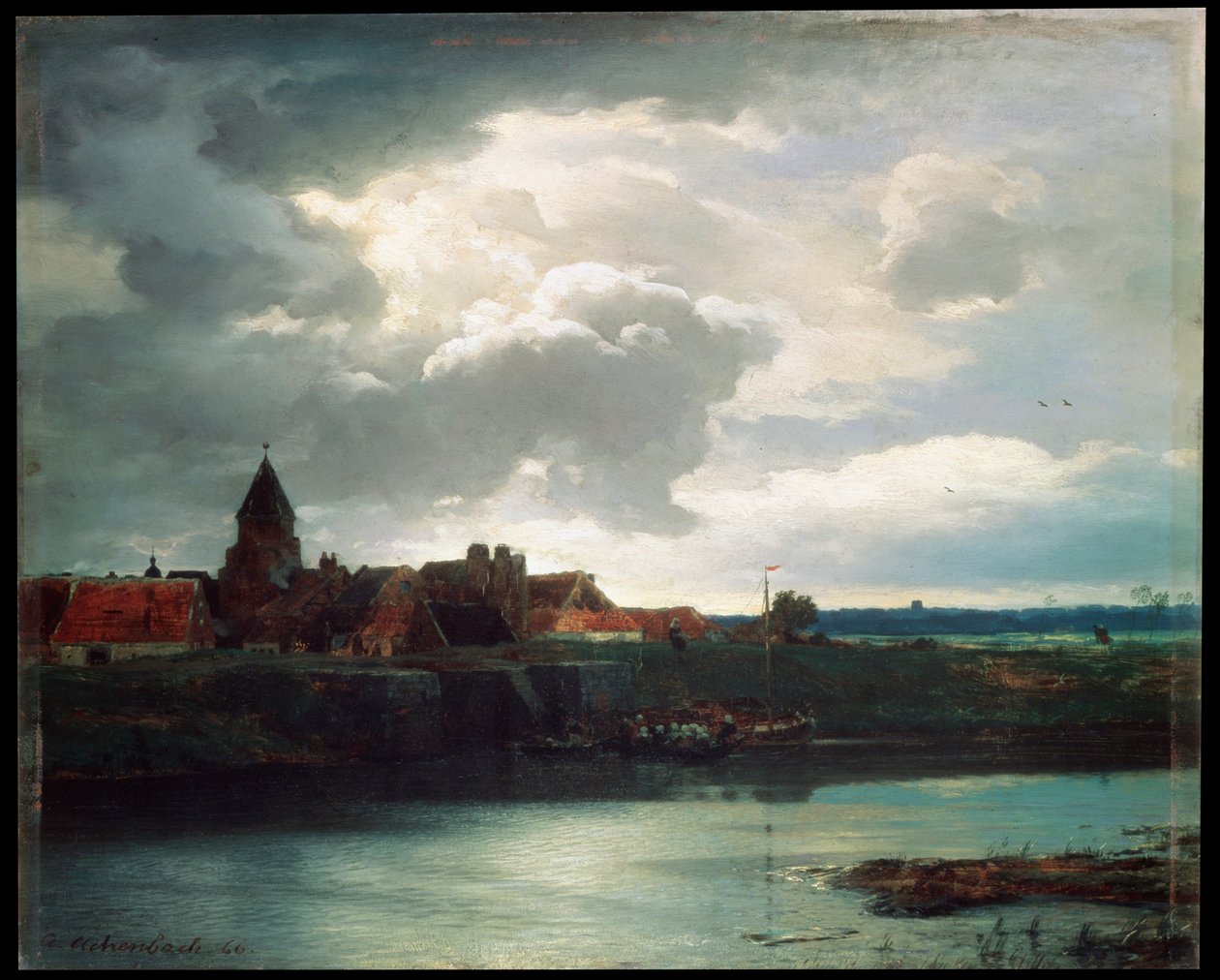 川のある風景、1866 作： アンドレアス・アーヘンバッハ
