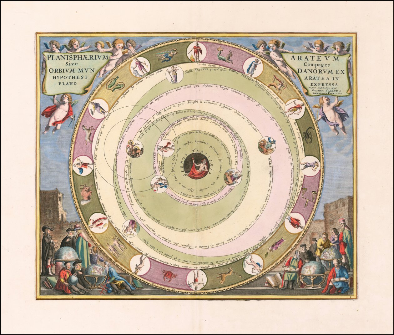 ギリシャの天文学者アラトゥスの宇宙モデルを示す1660年の天体図 作： アンドリュー・セラリウス
