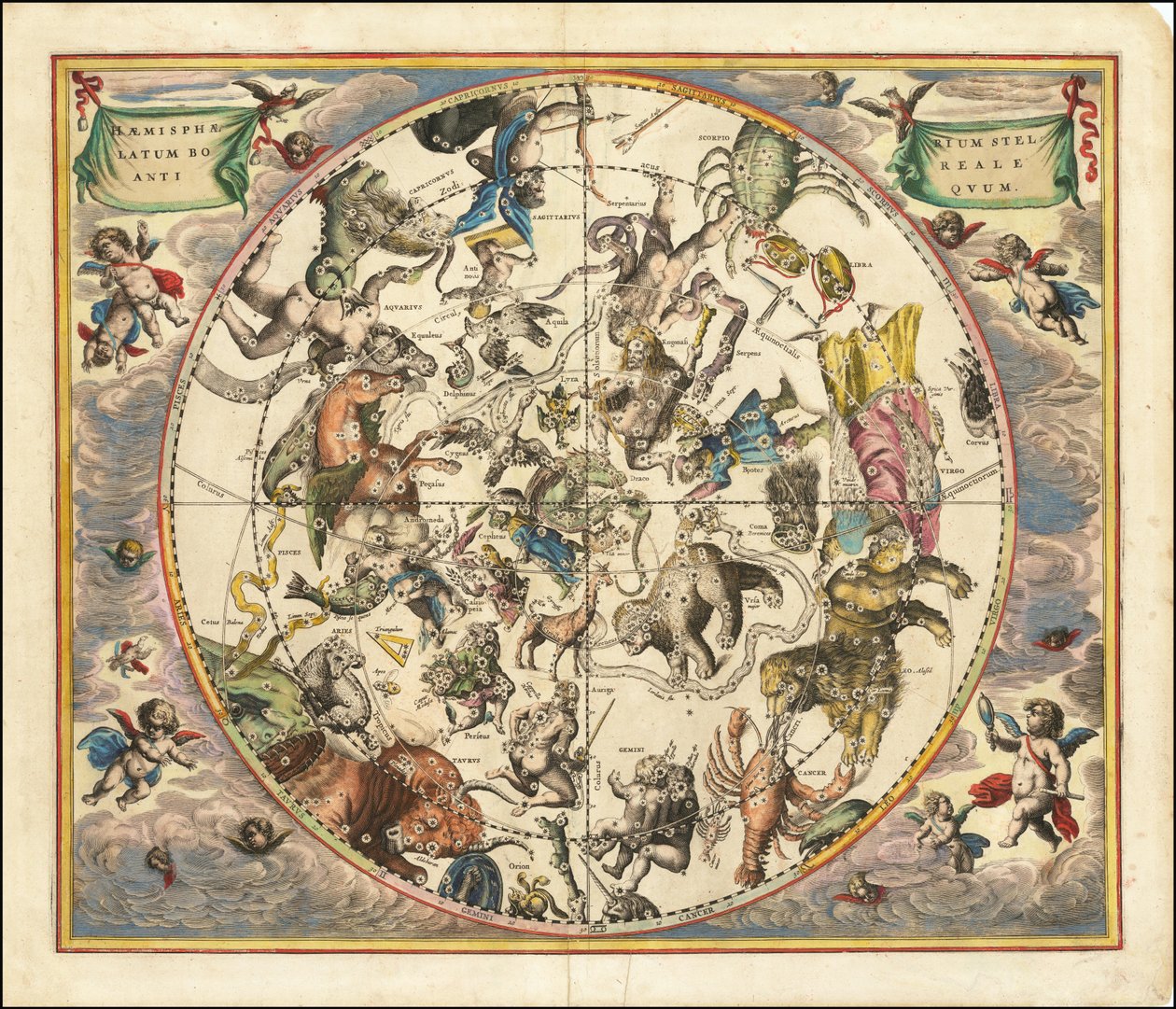 地球の南半球に北半球の星座を重ねた1660年の天球図 作： アンドリュー・セラリウス