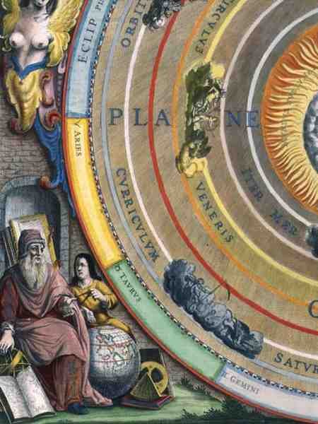 天文学者、惑星の地図の詳細、Joannes Janssoniusがアムステルダムで出版した「Atlas coelestis seu harmonia macrocosmica（天体の地図、宇宙の調和）」より 作： アンドリュー・セラリウス