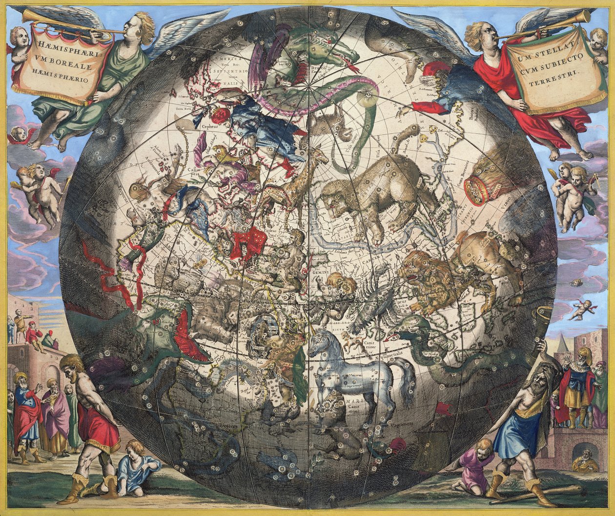 ピーターシェンク（1660-1719）とジェラールヴァルク（1651-1726）によって彫刻された「天体地図、または宇宙の調和」からの北半球（北半球）半球（手塗りの彫刻） 作： アンドリュー・セラリウス