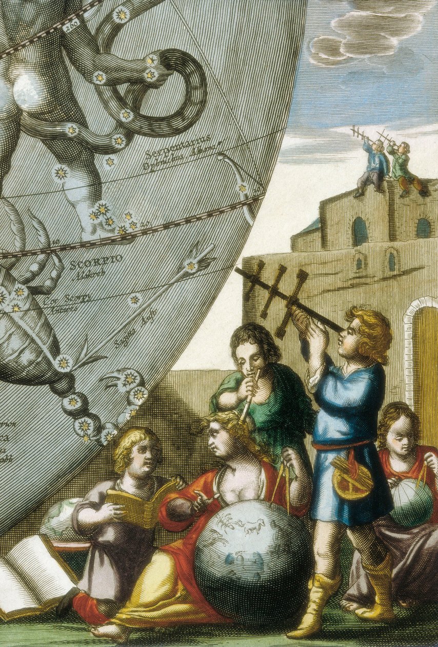 地球儀や天球図を調べる科学者（占星術師や天文学者）（Andreas Cellarius（1596-1665）のAtlas Coelestis seu Harmonia Macrocosmicaより 作： アンドリュー・セラリウス