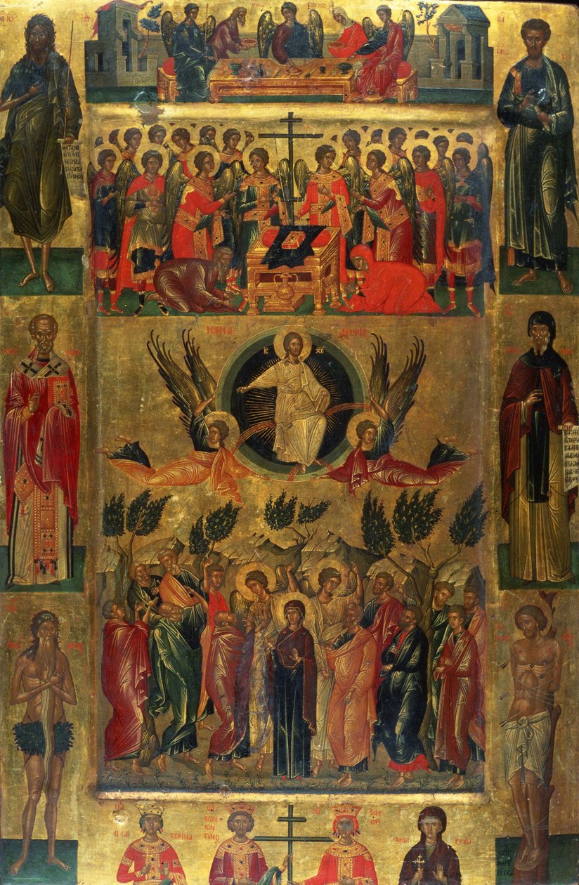 The Ascension of Christ with the Hetoimasia (The Ascension of Christ with the Hetoimasia) - Andreas Ritzos (1421-1492) 作のアイコン、木にテンペラ (71x47.5 cm) 作： アンドレアス・リッツォス