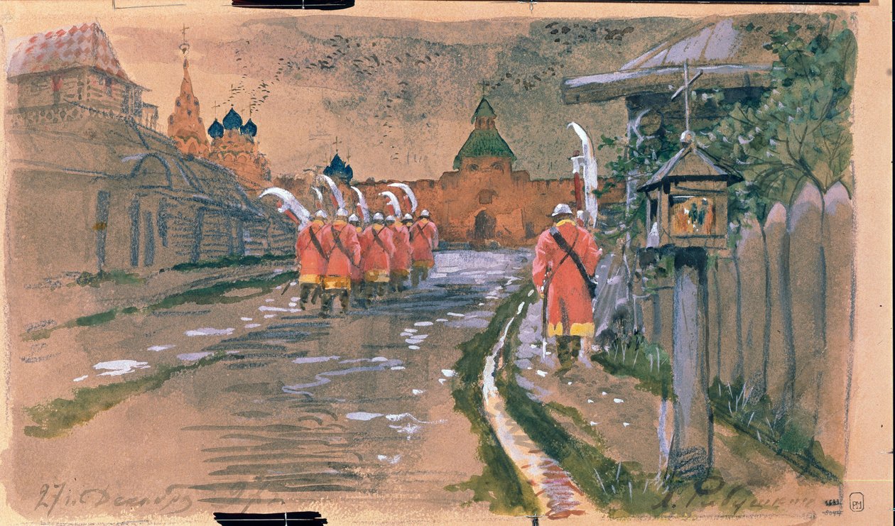 旧モスクワのイリンスキー門で街頭パトロール。 Andrei Petrovich Ryabushkin (Riaboutchkine) (1861-1904) の作品、紙に水彩 作： アンドレイ・ペトロヴィッチ・リャブシキン