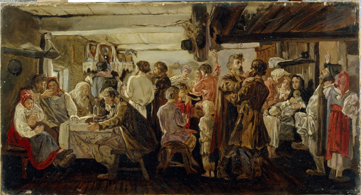 タンボフ地方 (ロシア) での農民の結婚式。 （タンボフ地方の農民の結婚式）。 Andrei Petrovich Ryabushkin (Riaboutchkine) (1861-1904) による絵画、キャンバスに油彩、1880 年頃。19 世紀のロシアの芸術。 国立トレチャコフ美術館、モスクワ。 作： アンドレイ・ペトロヴィッチ・リャブシキン