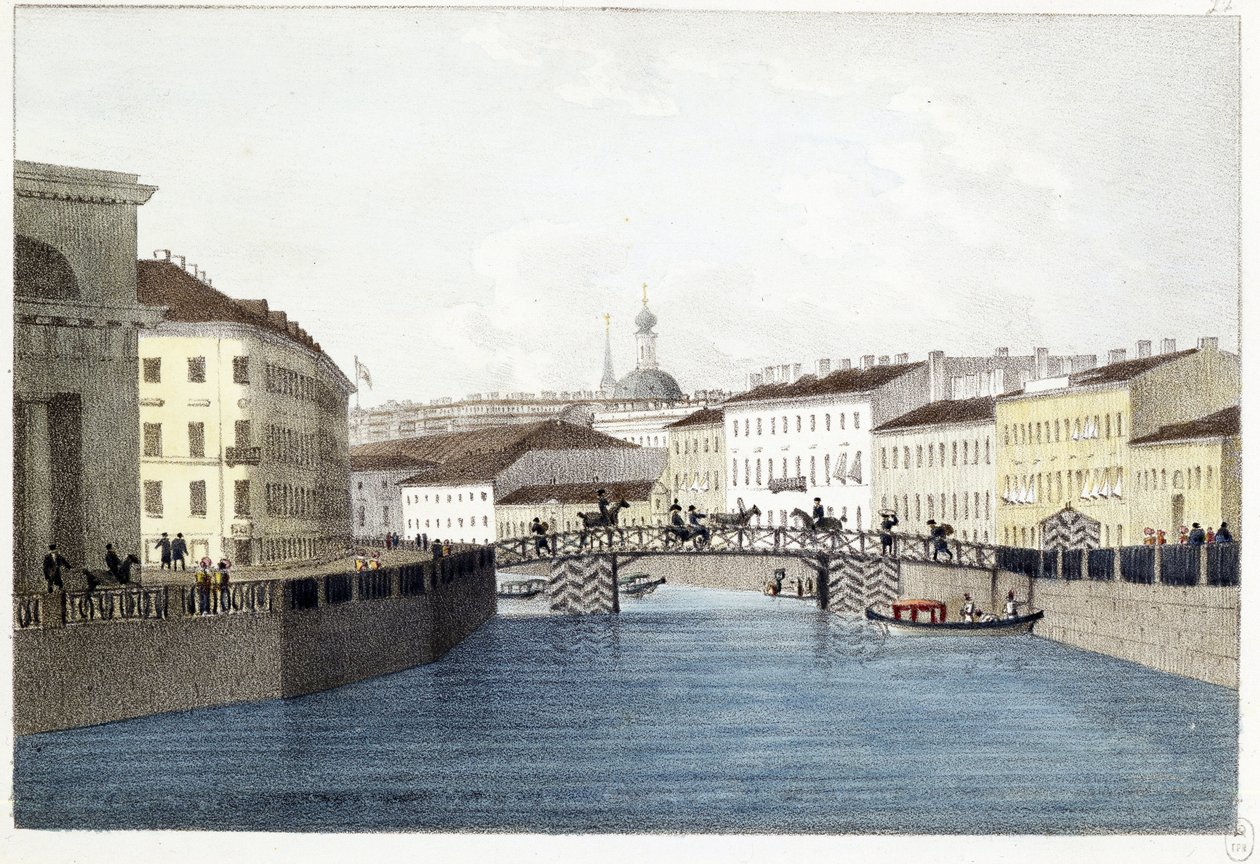 Le pont Bolshoi Koniushennyi a Saint Petersburg. (サンクトペテルブルクのボリショイ コニシェニー橋)。 Lithographie et aquarelle de Andrei Yefimovich Martynov (1768-1826) 作： アンドレイ・イェフィモヴィッチ・マルティノフ