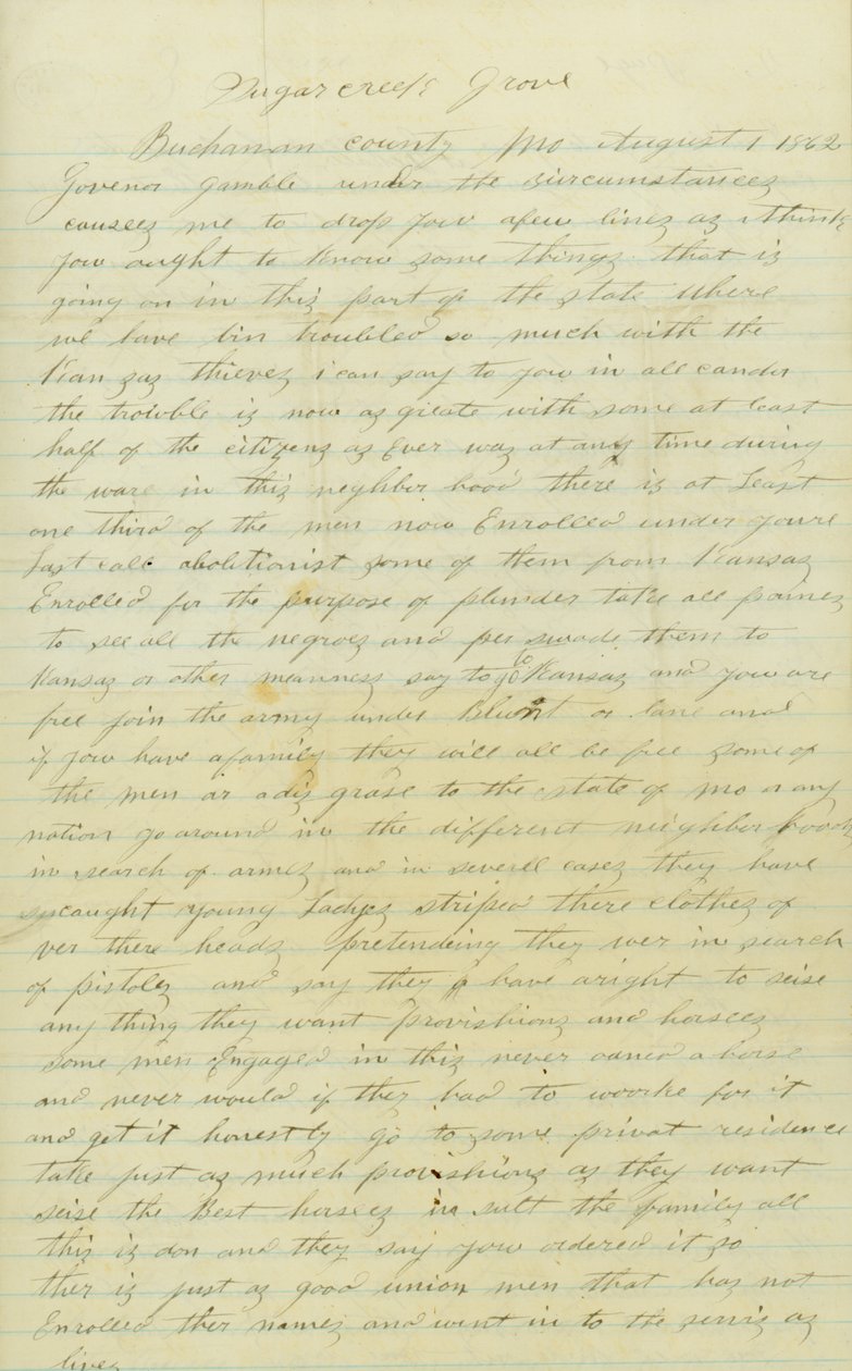 1862年8月1日、Mo州Buchanan CountyのAndrew BrownlowがGamble［Hamilton R. Gamble］知事に宛てた署名入りの手紙。 作： アンドリュー・ブラウンロウ