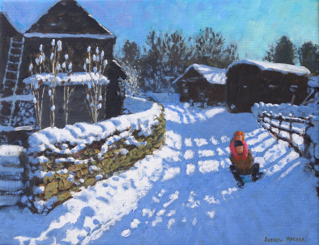 Dovedale と Thorpe の近くの Wintercroft Lane 近くのそり遊び。 アシュボーン、2021年（キャンバスに油彩） 作： アンドリュー・マカラ