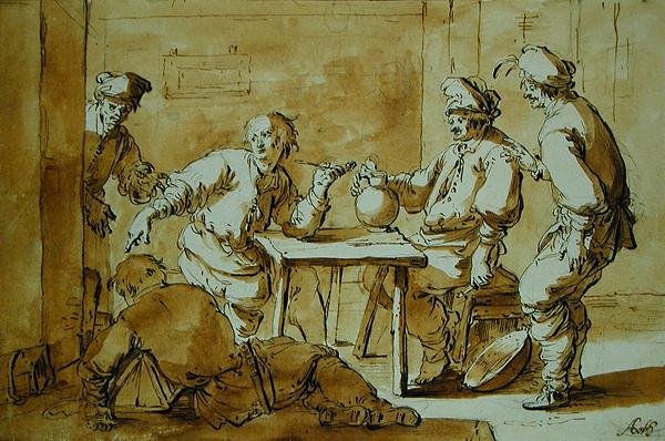 バーでは、1633年（紙にペンとインクで洗う） 作： アンドリーズ両方