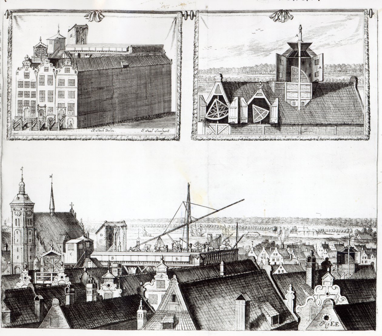 シュテルネンブルグ天文台、ヨハンヘヴェリウスの「マチーナコアレスティス」のイラスト、Izaak Saal、1674年 作： Andrzej Stech