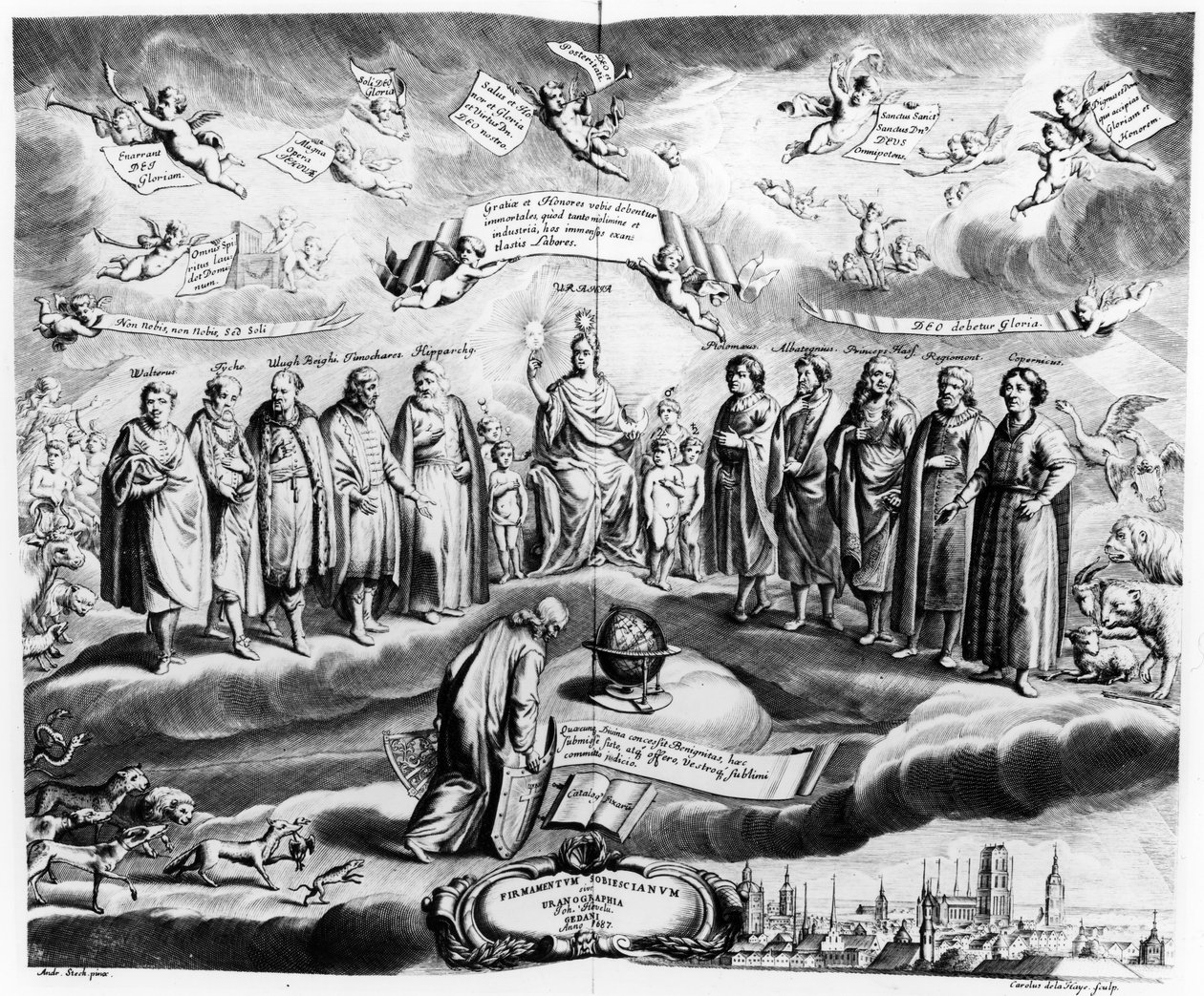Sobiescianumまたはサポート、Uranographia、ヨハネスヘヴェリウス（1611-87）、チャールズデラヘイによって刻印。 1687年 作： Andrzej Stech