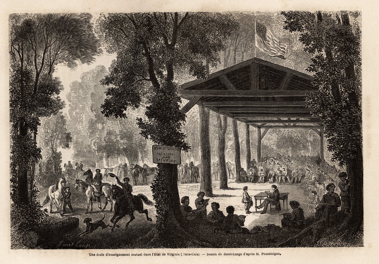 Eine Schule der gegenseitigen Erziehung, in einem Wald von Virginia (Vereinigte Staaten), Zeichnung von Janet Lange, zur Illustration eines Besuchs der Mammuthöhle in Kentucky im Jahr 1859 von M. Pousselgue. Gravur in „Le tour du monde“, herausgegeben von  von Ange-Louis Janet