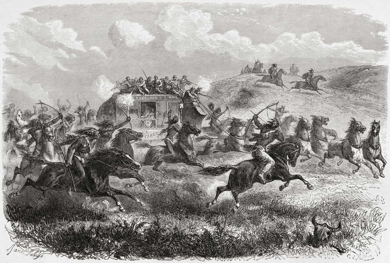1867年に大陸横断の駅馬車を攻撃しているインディアン、チャールズラプラント（d.1903）によって刻まれた「手の世界」のイラスト、1878年公開 作： アンジュ・ルイ・ジャネット