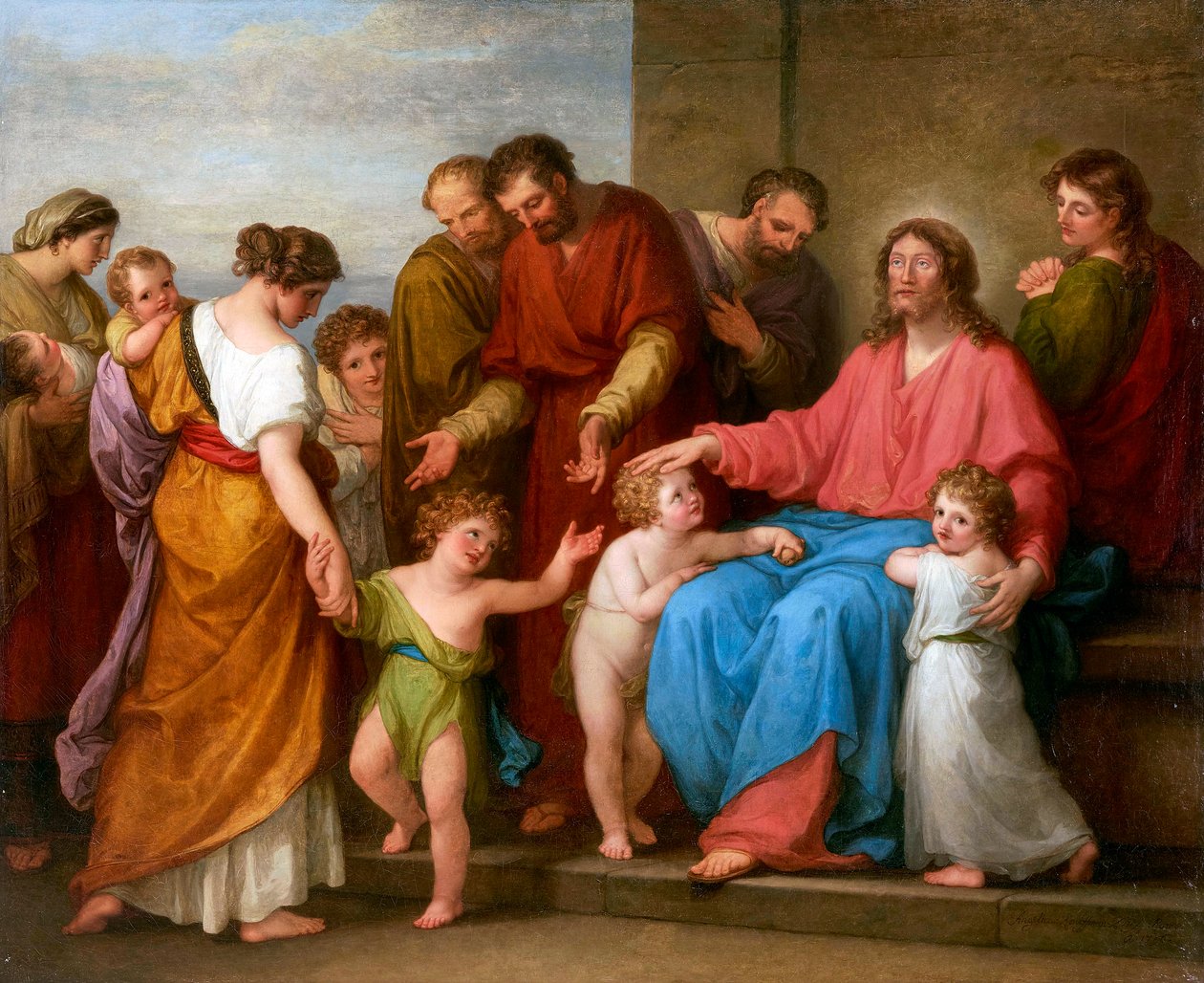 Jesus Christ benissant les enfants (laisesez venir a moi les petits enfants) - キリストが子供たちを祝福する（小さな子供たちを私のところに来させてください） - Angelika Kauffmann (1741-1807).キャンバスに油彩 作： アンジェリカ・カウフマン