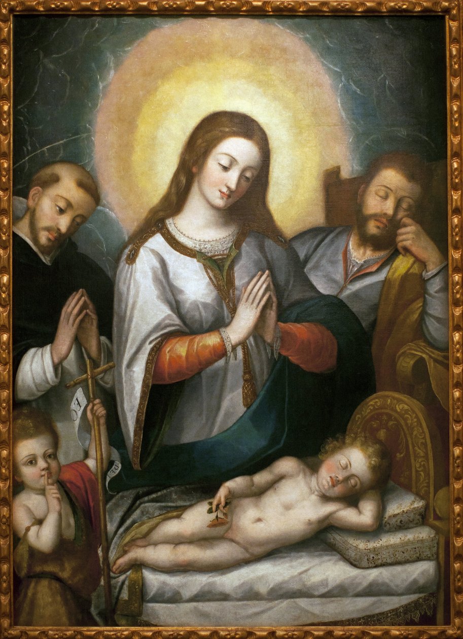 洗礼者聖ヨハネと聖ドミニクのいる聖家族。 アンジェリーノ メドーロ (1576-1633) の絵画、キャンバスに油彩 作： アンジェリーノメドーロ