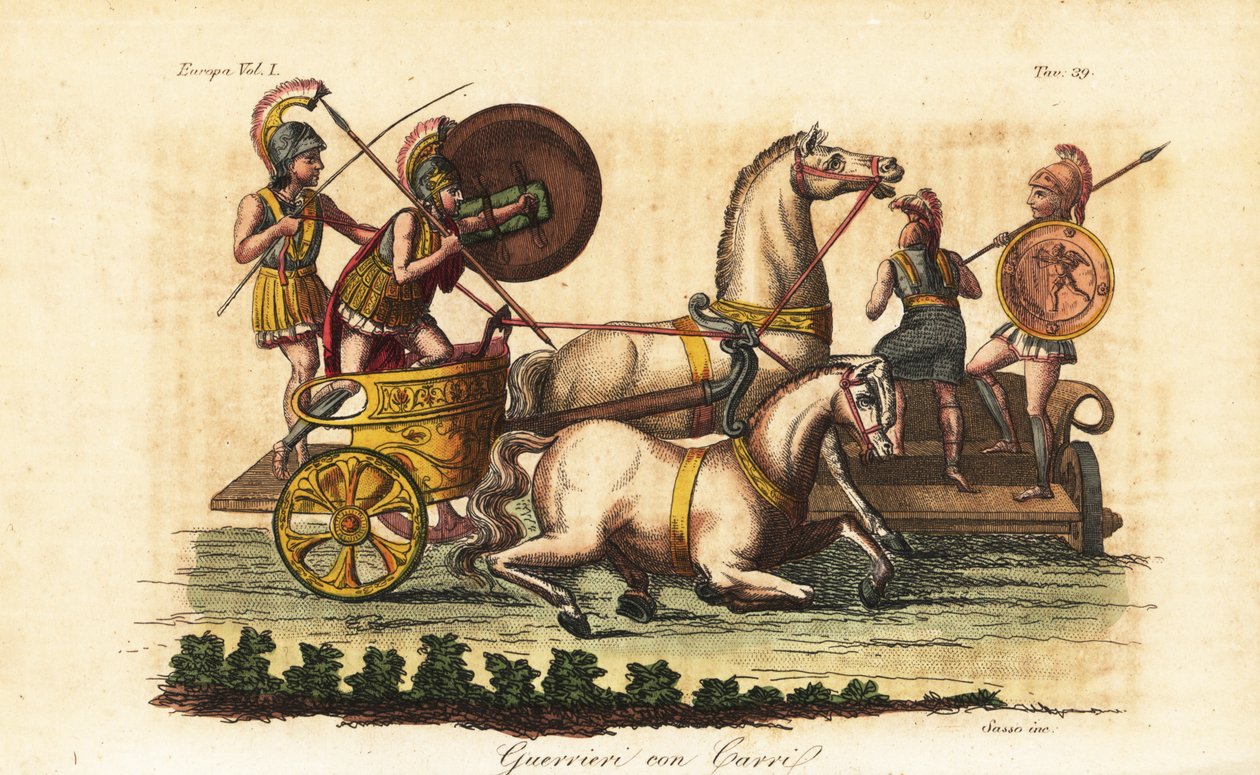 ビガと呼ばれる二頭立ての馬車に乗った盾を持つ古代ギリシャの戦士たち 作： アンジェロ（後）モンティセリ