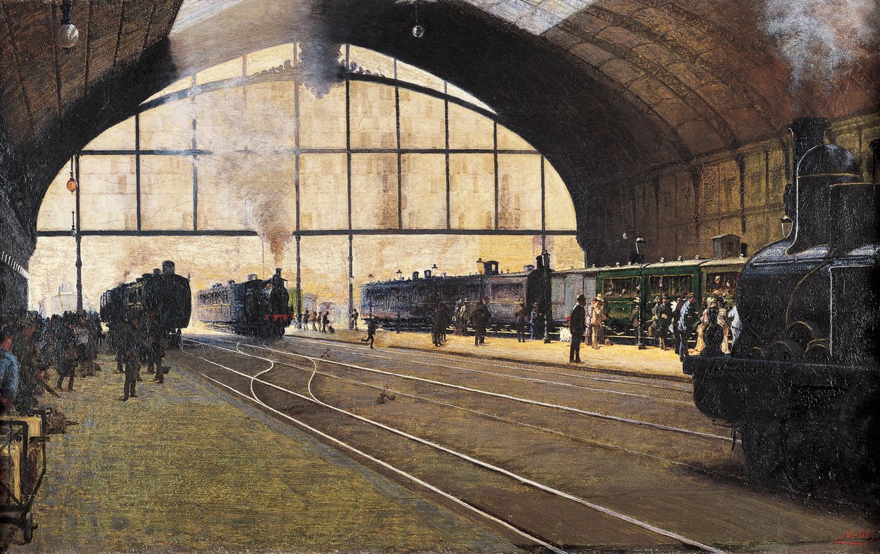 アンジェロ・モルベッリ（1853-1919）によるミラノ中央駅 油彩・キャンバス 作： アンジェロ・モルベリ